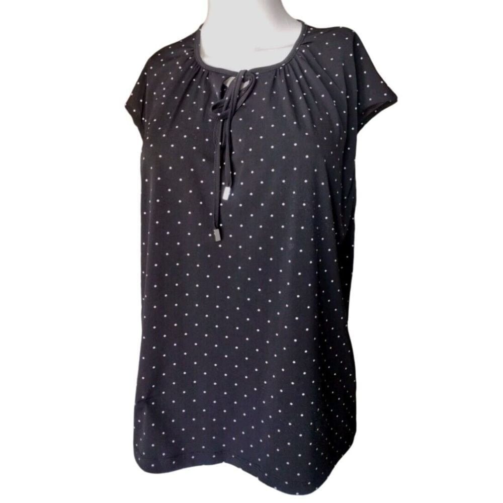 Liz Claiborne Blouse Women PXL Petite Black White Polka Dot Short‎ Sleeve Office
